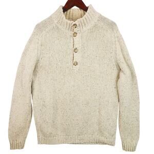Eddie Bauer Fisherman’s Sweater Mens L Tall Cream Henley Chunky Knit EUC